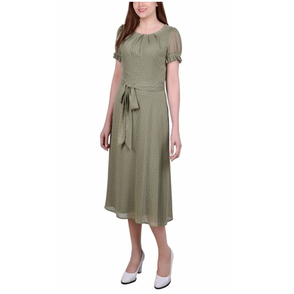 NY Collection Womens Swiss Dot Pin Tuck Midi Dress, Green, Petite, PL, DM